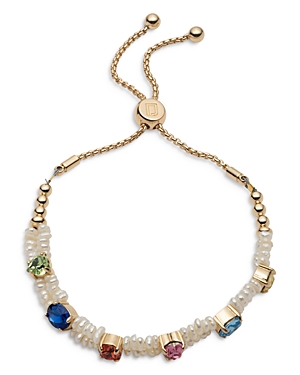 Dannijo Edan Crystal, Mother of Pearl & Cultured Freshwater Pearl Beaded Slider Bracelet in Gold Tone