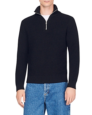 Sandro Wool Blend Ribbed Knit Quarter Zip Mock Neck Sweater In Black
