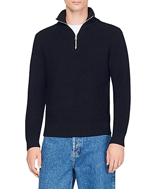 SANDRO WOOL BLEND RIBBED KNIT QUARTER ZIP MOCK NECK SWEATER