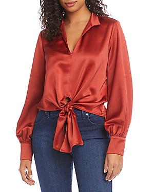 Karen Kane Tie Front Satin Top In Rust
