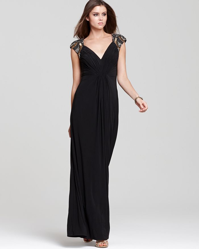 LM by Mignon V-Neck Beaded-Shoulder Gown | Bloomingdale's