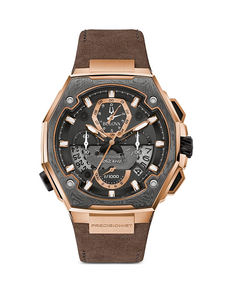 Bulova Precisionist Mens Chronograph Brown Leather Bracelet Watch 98b356 In Black/brown