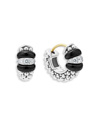 Sterling Silver Black Caviar Ceramic & Diamond Bead Huggie Hoop Earrings