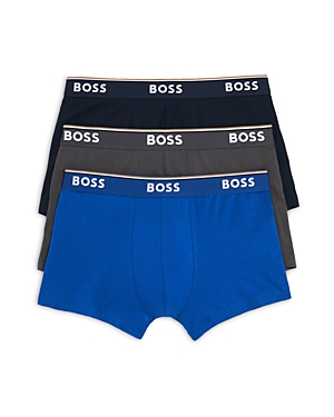 Shop Hugo Boss Power Cotton Blend Trunks, Pack Of 3 In Blue/navy Blue/gray