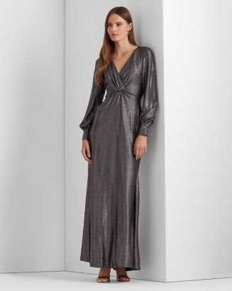 Ralph Lauren Womens Gray Low Back Metallic Sleeveless Boat Neck Full-Length Evening Dress
