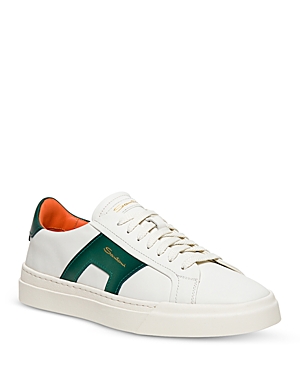 Santoni Double Buckle Low-top Leather Sneakers In White/green