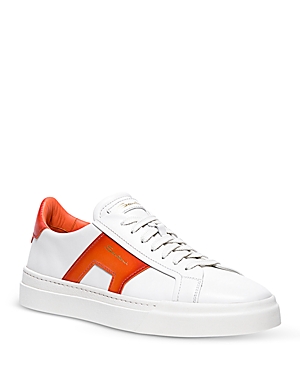 Santoni Double Buckle Sneaker In Leather In White/orange