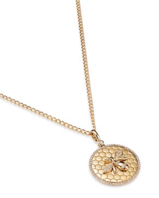 Diamond Bumble Bee Disc Pendant Necklace in 14K Yellow Gold, 0.25 tcw 