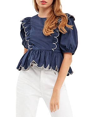 English Factory Contrast Scalloped Trim Cotton Top In Navy/white