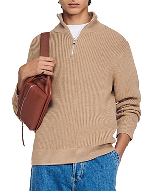 Sandro Zip-neck Loose-fit Trucker Wool Jumper In Camel