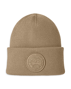 Canada Goose Arctic Disc Merino Wool Logo Patch Ribbed Toque In Tan