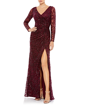 Mac Duggal Illusion Damask Embroidered Sequin Column Gown In Garnet
