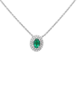 Bloomingdale's Fine Collection - Emerald & Diamond Oval Double Halo Pendant Necklace in 18K White Gold, 18" - Exclusive