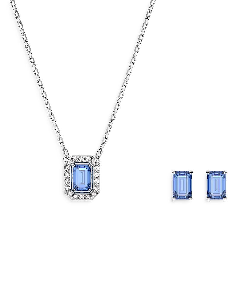 Swarovski Silver-tone Millenia Blue Crystal Stud Earrings & 14-7/8" Pendant Necklace Set In Blue/silver