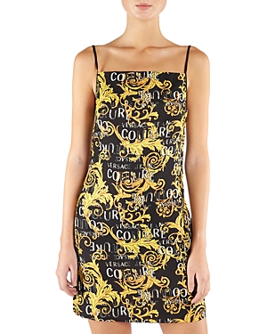 Versace Jeans Couture Logo Print Sleeveless Minidress In Black/gold