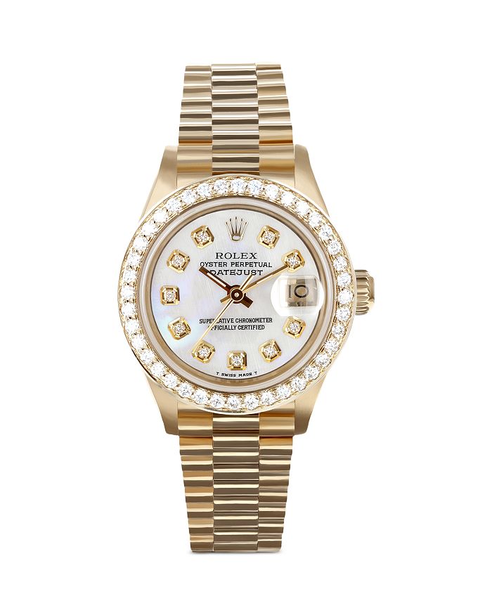 Swiss Crown USA Pre Owned Rolex 18K Yellow Gold Mother of Pearl Perpetual Datejust Presidential Watch with Diamonds 26mm Bloomingdale s