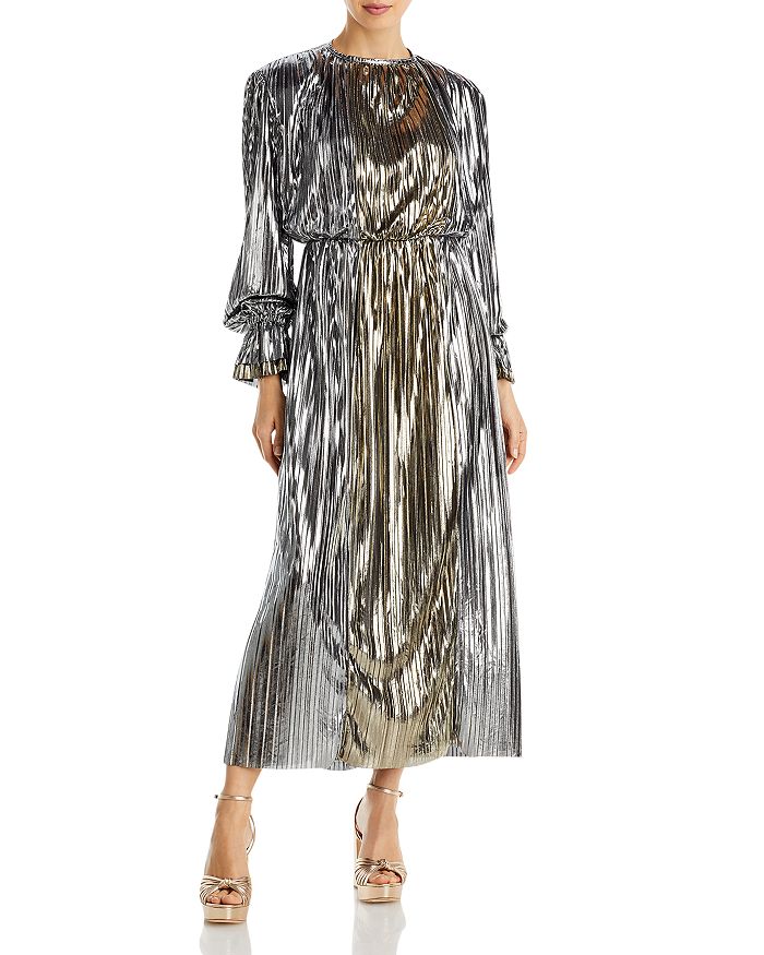 SABINA MUSAYEV Womens Blue Metallic Ruffled Sheer Tiered Printed Flutter Sleeve V Neck Full-Length Evening Fit + Flare Dress