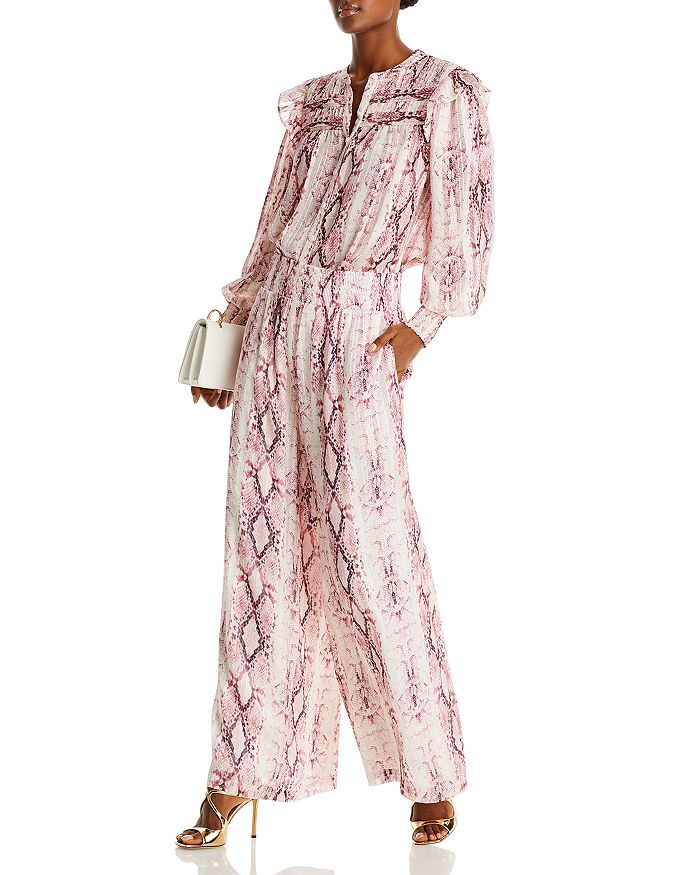 AQUA Snake Print Ruffle Blouse & Snake Print Smocked Wide Leg Pants ...