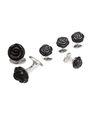 Jan Leslie - Carved Rose Sterling Silver & Black Onyx Stud & Cufflink Set