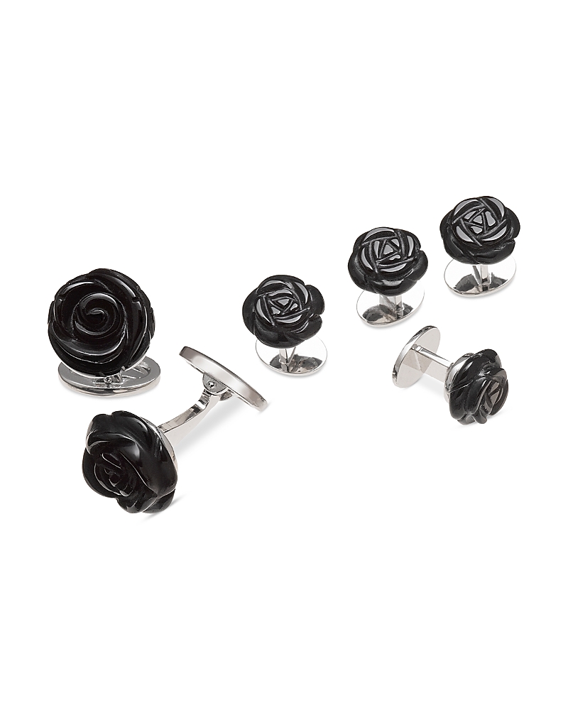 Jan Leslie Carved Rose Sterling Silver & Black Onyx Stud & Cufflink Set