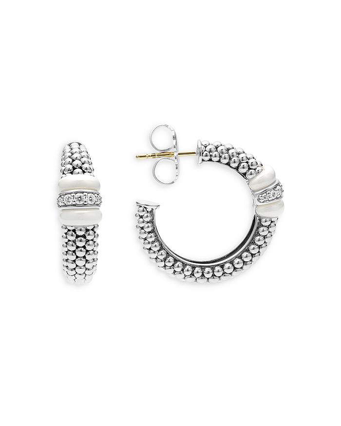 LAGOS - Ceramic & Sterling Silver White Caviar Diamond Hoop Earrings
