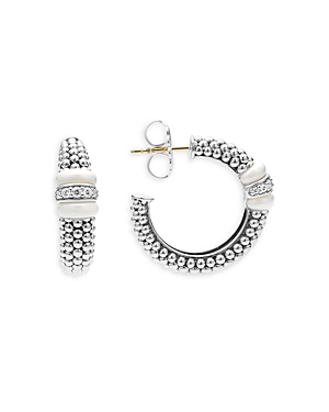 Shop Lagos Ceramic & Sterling Silver White Caviar Diamond Hoop Earrings In White/silver