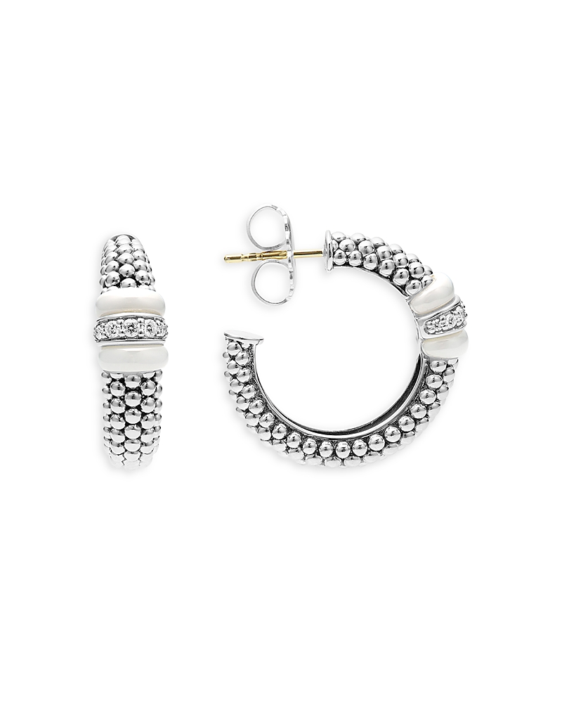 Lagos Ceramic & Sterling Silver White Caviar Diamond Hoop Earrings In White/silver