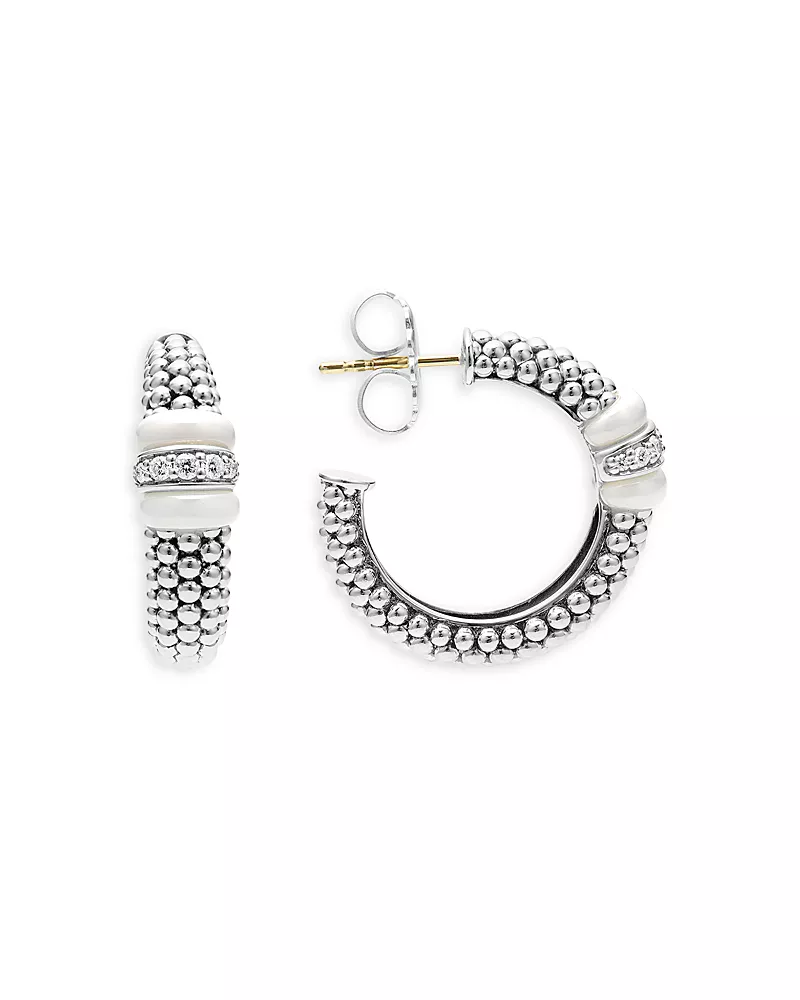 Lagos Ceramic & Sterling Silver White Caviar Diamond Hoop Earrings