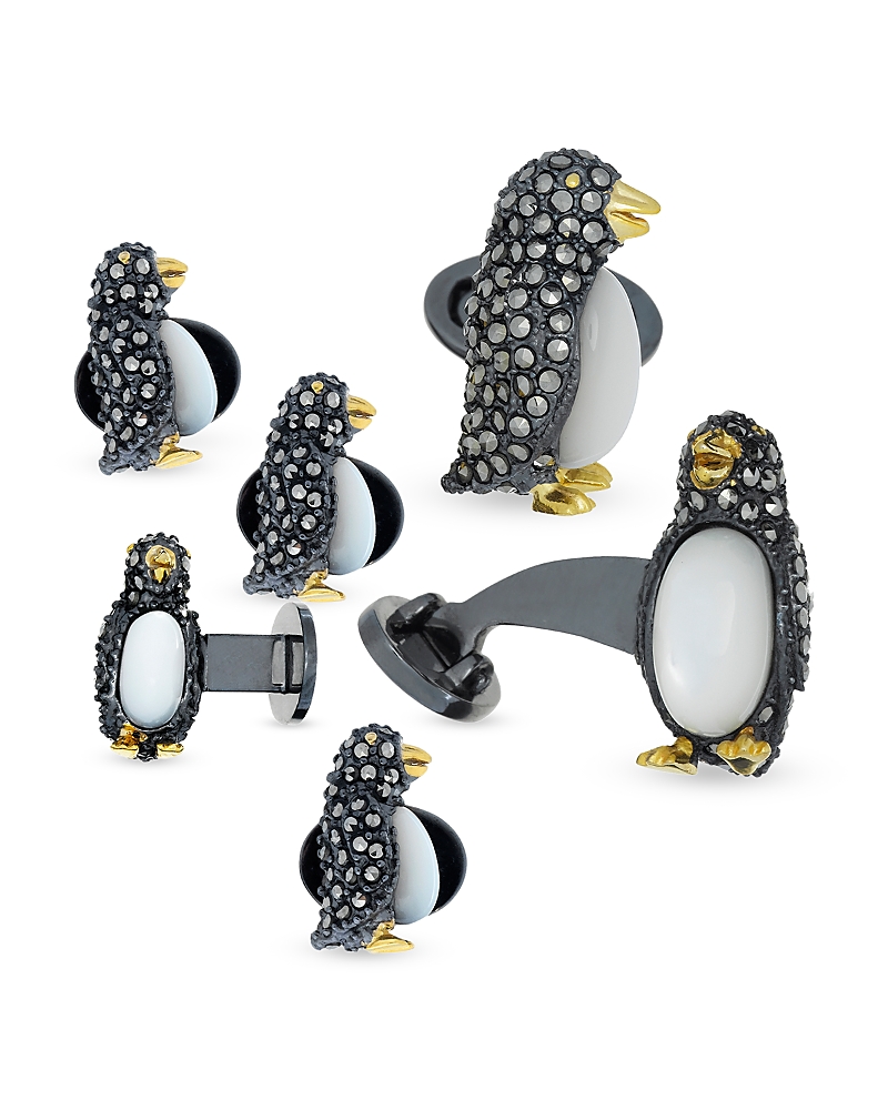 Jan Leslie Penguin Sterling Silver, Mother Of Pearl & Marcasite Stud & Cufflink Set