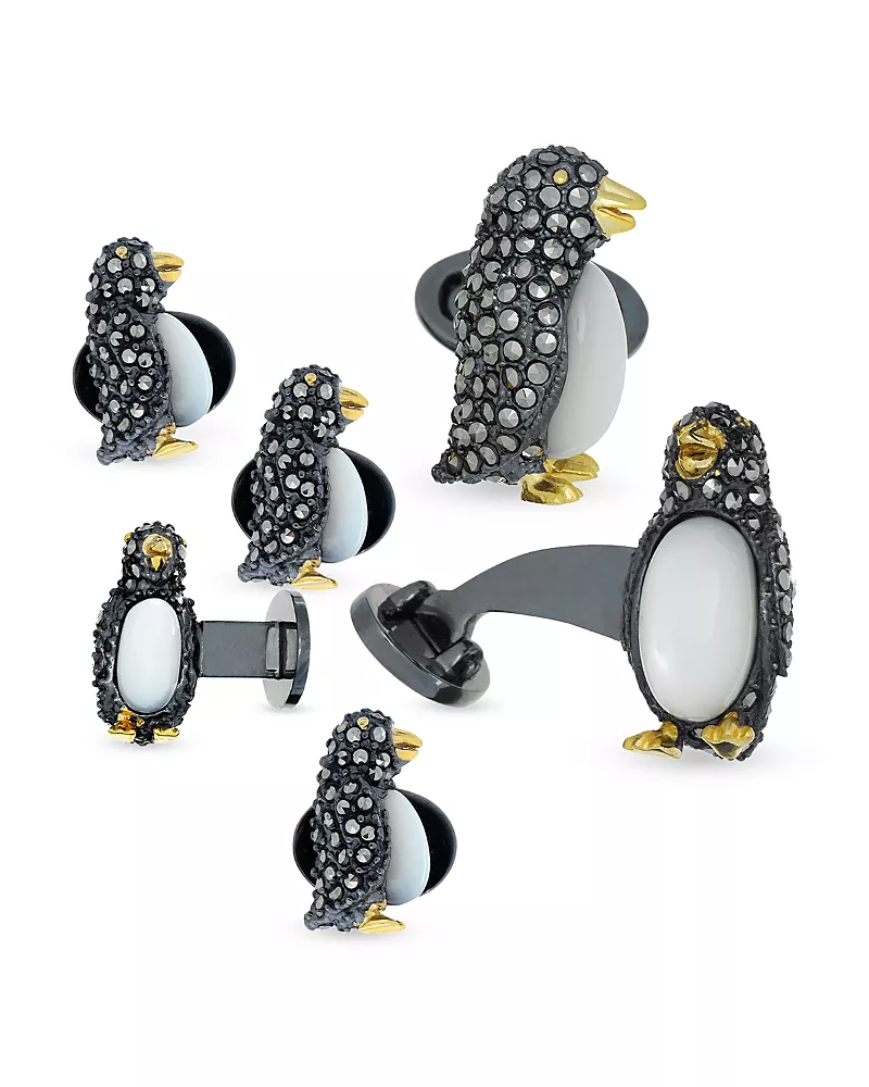 Jan Leslie Penguin Sterling Silver, Mother Of Pearl & Marcasite Stud & Cufflink Set