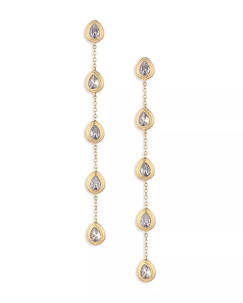 Ettika Single File Crystal Cubic Zirconia Teardrop Linear Drop Earrings in 18K Gold Plated