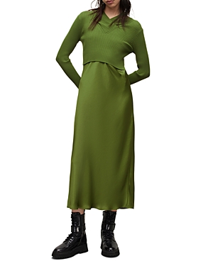 Allsaints Hana Mixed Media Long Sleeve Dress In Cactus Green