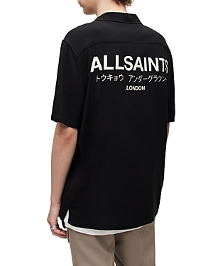Shop Allsaints Underground Logo Print Relaxed Fit Button Down Camp Shirt In Jet Black/ecru