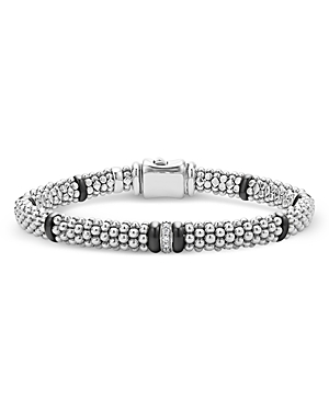 Shop Lagos Single Station Diamond Black Caviar Bracelet In Sterling Silver In Black/silver