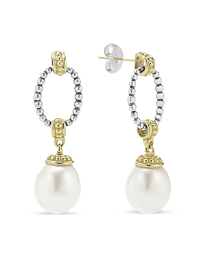 Lagos 18k Gold & Sterling Silver Two Tone Cultured Pearl Oval Drop Earrings