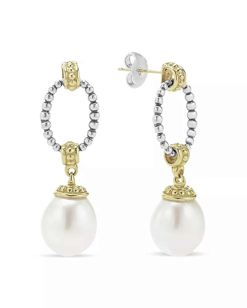 Lagos 18k Gold & Sterling Silver Two Tone Cultured Pearl Oval Drop Earrings
