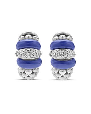 Blue Caviar Ceramic and Diamond Huggie Earrings in Sterling Silver