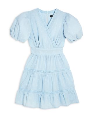 AQUA - Girls' Puff Sleeve Clip Dot Lace Trim Tiered Dress, Little Kid, Big Kid - Exclusive