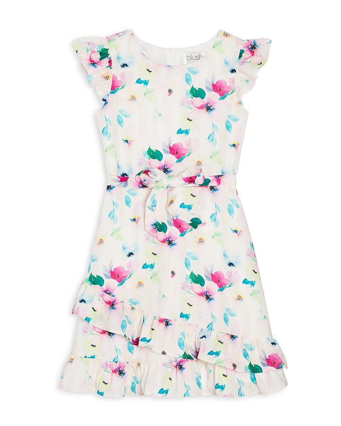 US Angels Girls Flutter Sleeve Watercolor Print Faux Wrap Dress