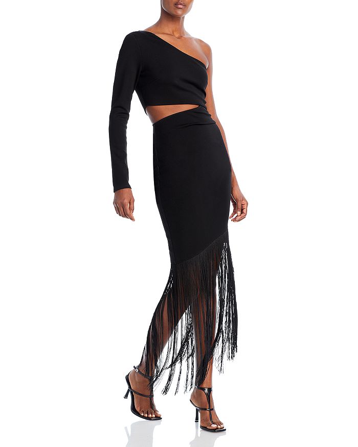 FORE One Shoulder Cutout Fringe Trim Dress Bloomingdale's