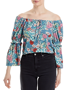 Status By Chenault Ruffled Flare Sleeve Floral Peasant Top In Bluefloral
