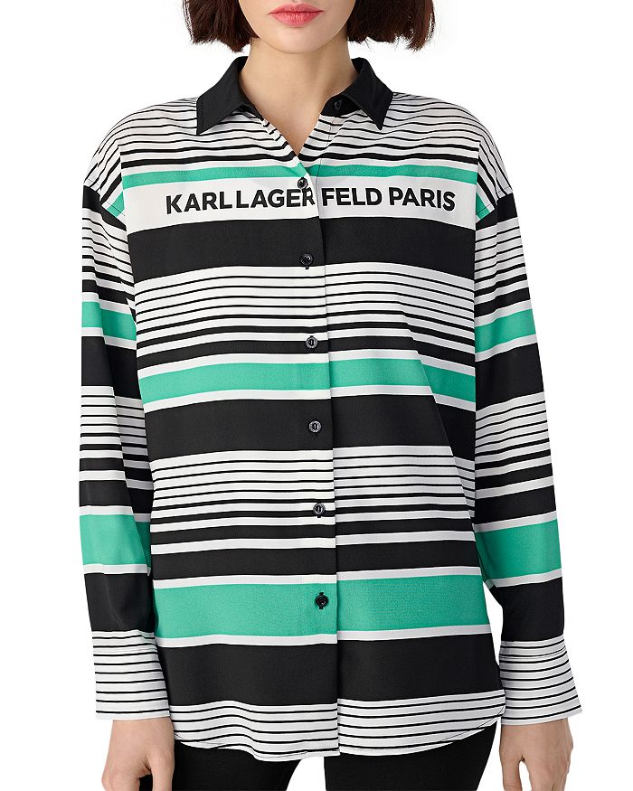 Karl Lagerfeld Paris Women's Striped Oversized Logo Shirt