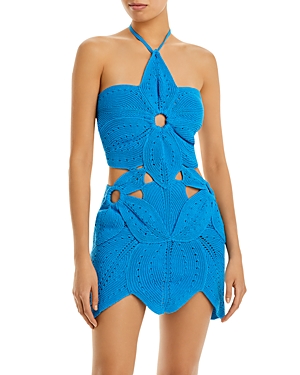 Cult Gaia Floreana Cotton Crochet Halter Mini Dress In Lake Blue