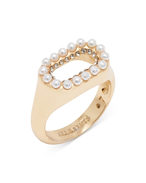 Shop Allsaints Faux Pearl Halo Cocktail Ring In White/gold