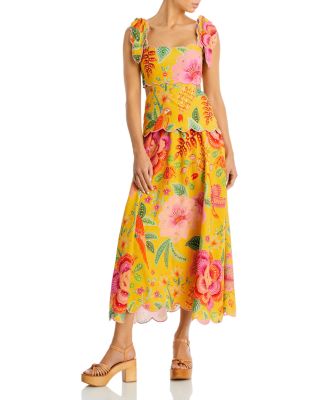 Farm Rio Macaw Bloom Scalloped Midi Dress In Yellow | ModeSens