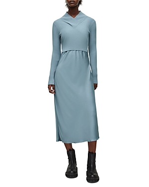 Allsaints Hana Mixed Media Long Sleeve Dress In Blue Slate