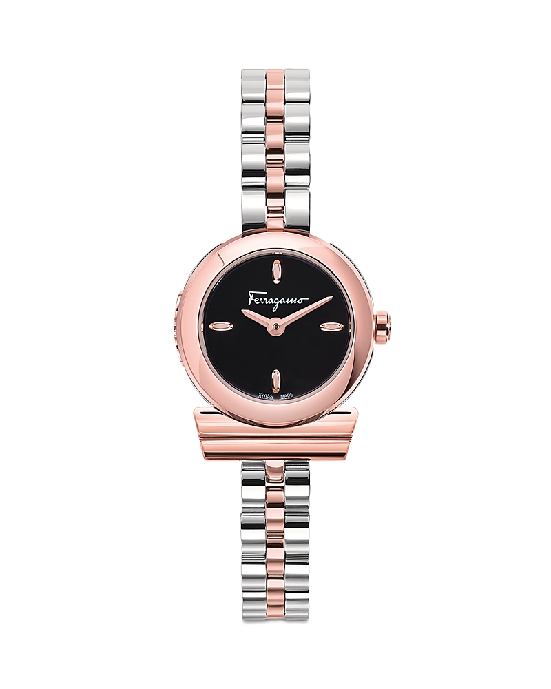 Ferragamo Gancino Bracelet Watch With Two-tone Case In Black/rose Gold