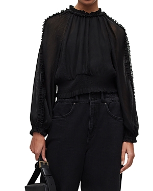 Allsaints Womens Black Thallo Balloon-sleeve Recycled-polyester Top In Black