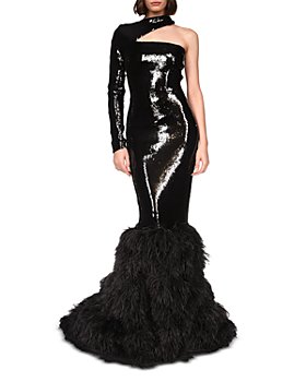 David Koma - One Shoulder Sequined Feather Trim Gown  