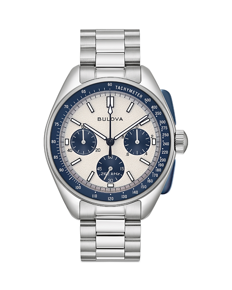 Bulova Men's Chronograph Archive Lunar Pilot Stainless Steel Bracelet Watch Box Set 44mm In White/silver